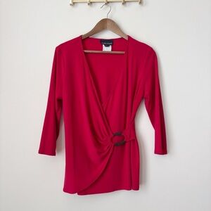 Frank Lyman Red Faux Wrap Buckle Accent Top Sz 10 Work To Weekend